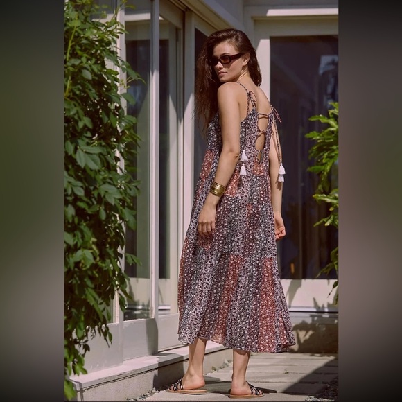 Anthropologie Women’s Shirred A-Line Tiered Dress Lounge Beach Resort Size Large - Picture 2 of 13